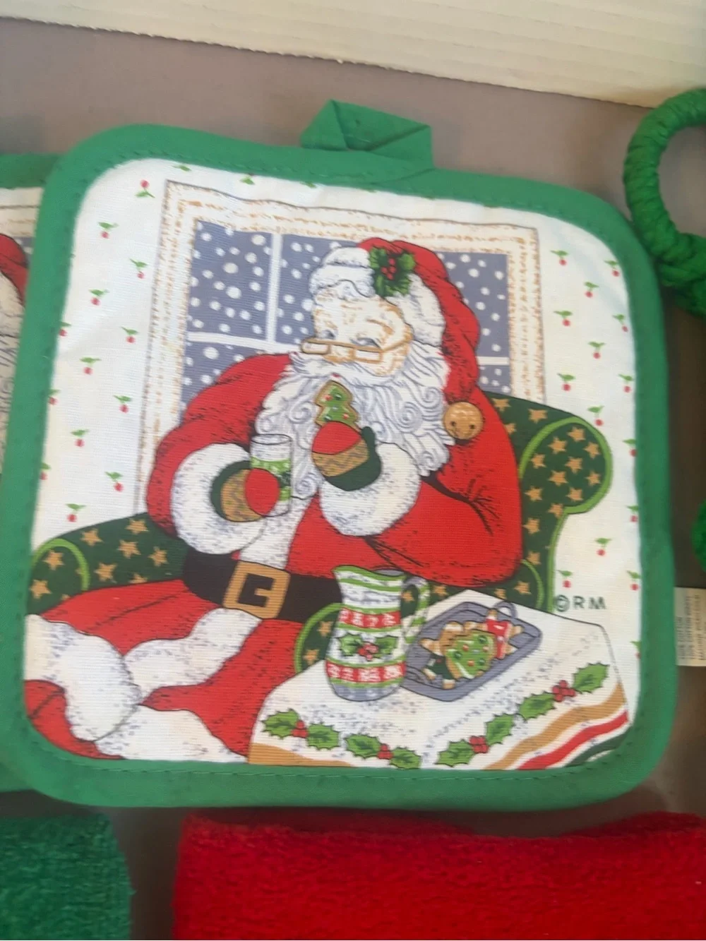 Vintage Santa Kitchen Towels and Pot Holders - Red & Green Christmas Set